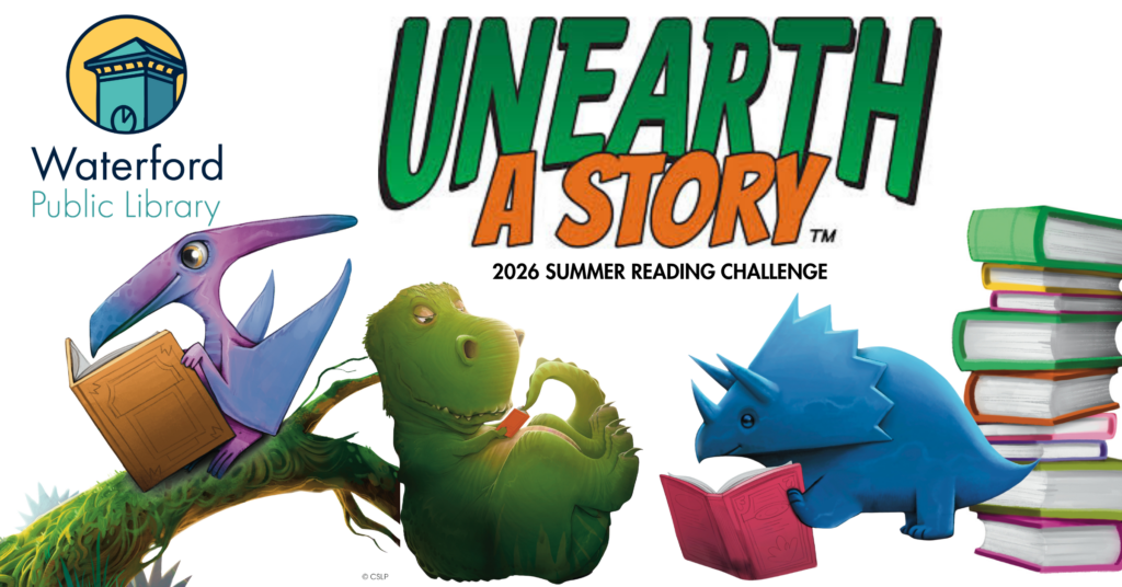 unearth a story logo with dinos reading